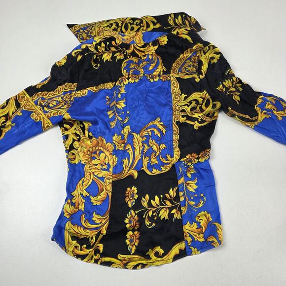 Cache Shirt Womens Medium Black Blue Gold Baroque Silk Stretch Snap Front Fitted - Picture 12 of 12